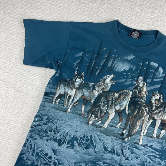 Vintage USA MADE Wolf Print T Shirt Men’s L All Over Print AOP Nature 90s - Picture 3 of 16